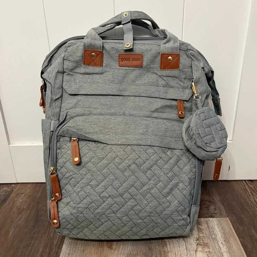 Good Mum Gray Backpack Diaper Bag Adjustable Strap changing station USB NWOT